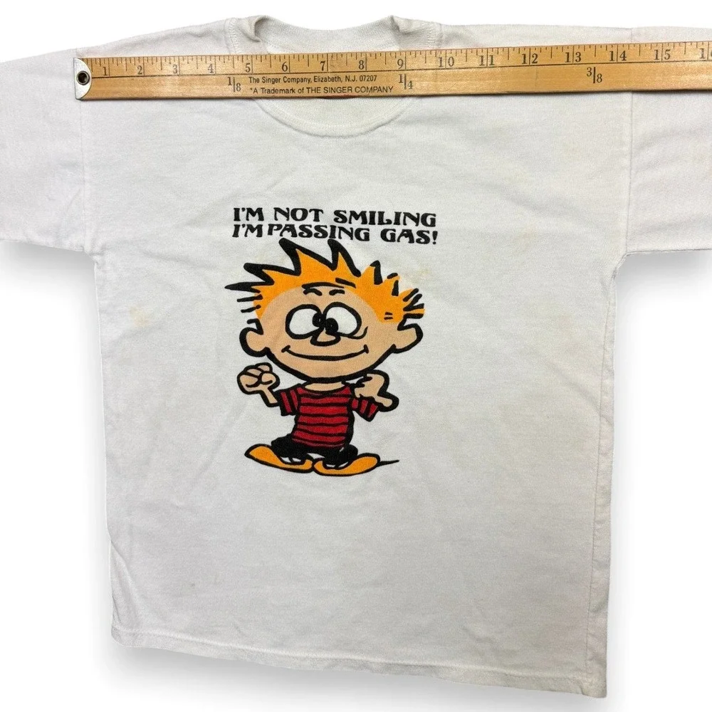 Vintage 90s‎ Calvin Hobbes T Shirt Boys Kids S White Passing Gas Funny Tee USA